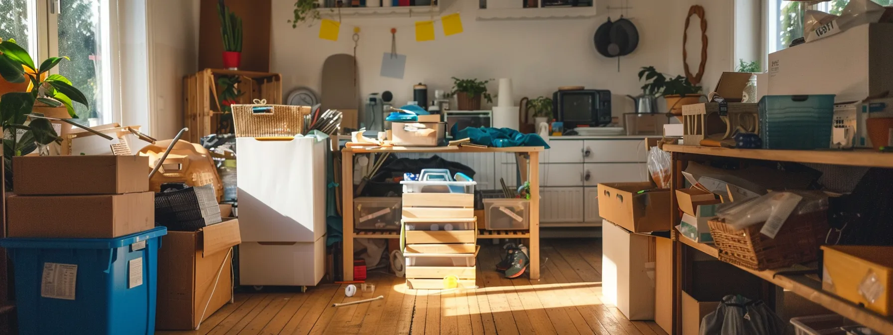 a clutter-free home with organized packing supplies and labeled recycling bins ready for an eco-conscious move. a clutter-free home with organized packing supplies and labeled recycling bins ready for an eco-conscious move.