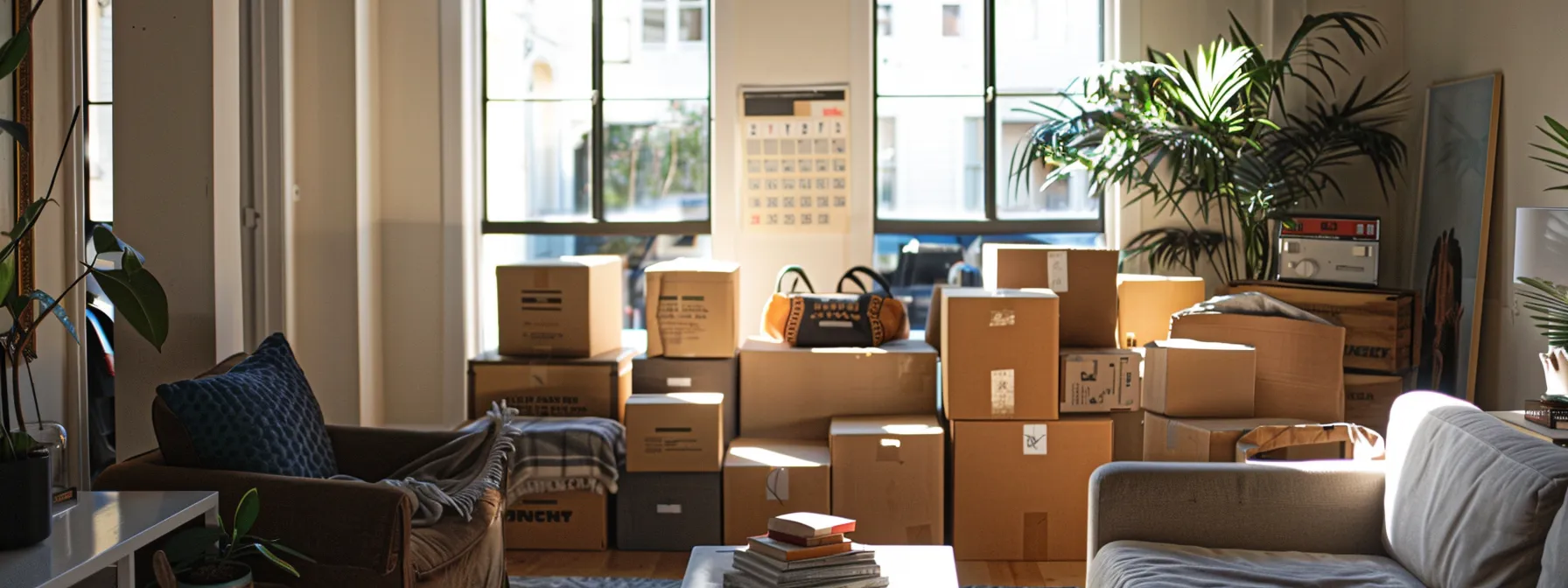 a clutter-free living room with moving boxes stacked neatly, a calendar on the wall marked with important dates, and a moving van parked outside a cozy san francisco apartment building.