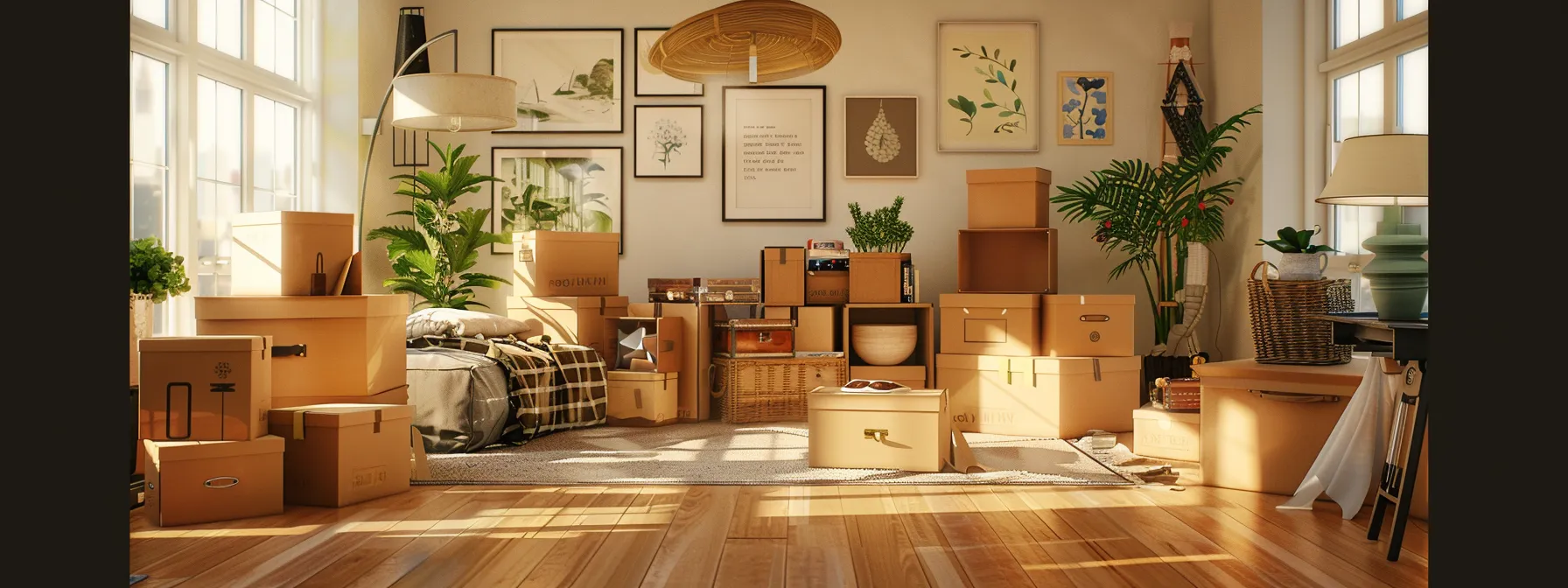 a clutter-free living room with moving boxes stacked neatly, showcasing an organized and efficient interstate move from san francisco. a clutter-free living room with moving boxes stacked neatly, showcasing an organized and efficient interstate move from san francisco.