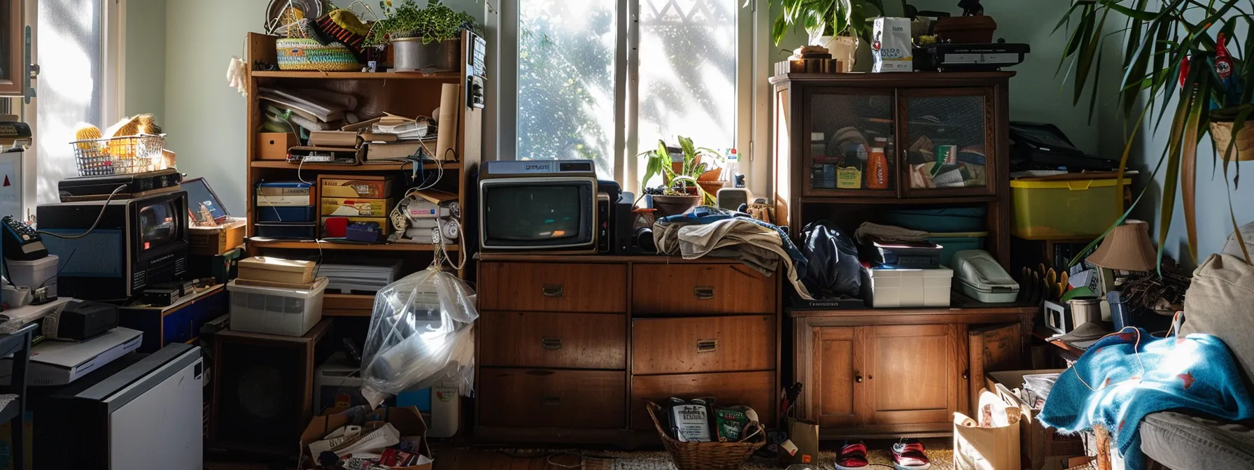 a cluttered san francisco apartment with seasonal items and equipment stacked haphazardly, highlighting the need for long-term storage solutions. a cluttered san francisco apartment with seasonal items and equipment stacked haphazardly, highlighting the need for long-term storage solutions.