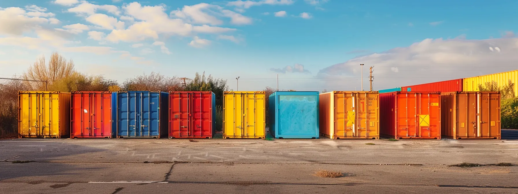 a colorful array of portable storage containers lined up against a sunny backdrop in irvine, ca. a colorful array of portable storage containers lined up against a sunny backdrop in irvine, ca.
