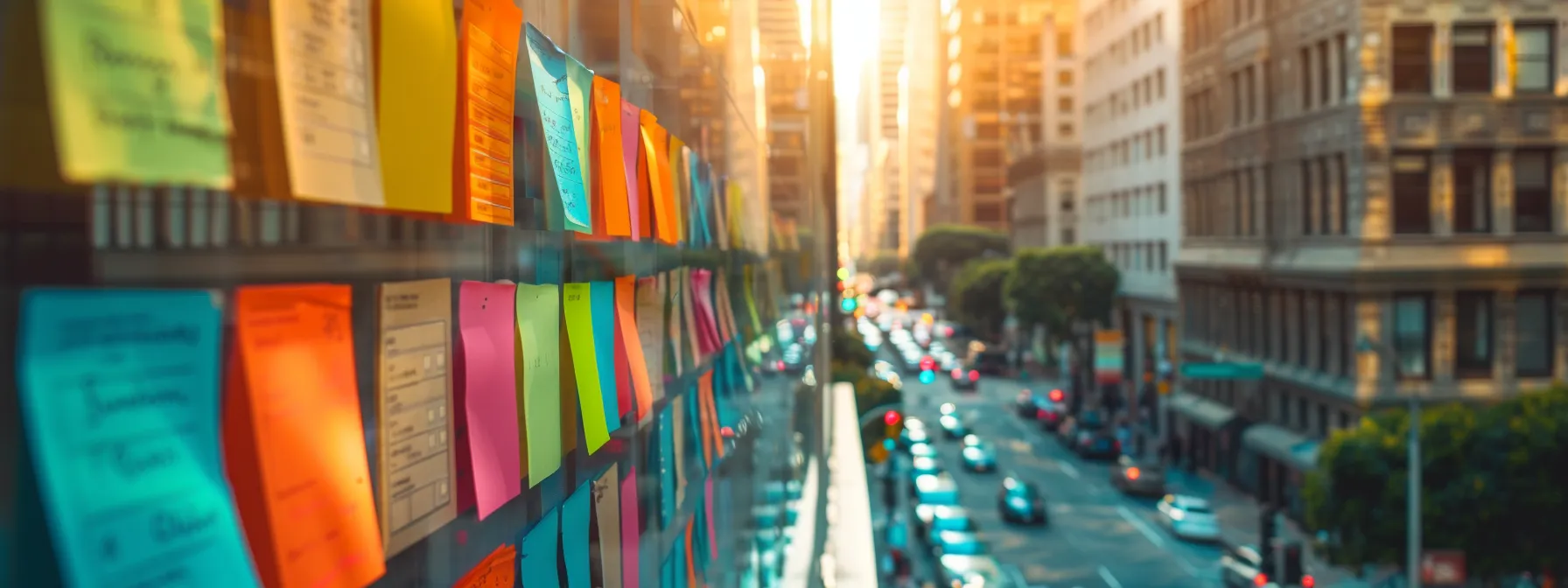 a colorful moving checklist pinned to a wall in downtown san francisco with a view of the bustling city streets below.