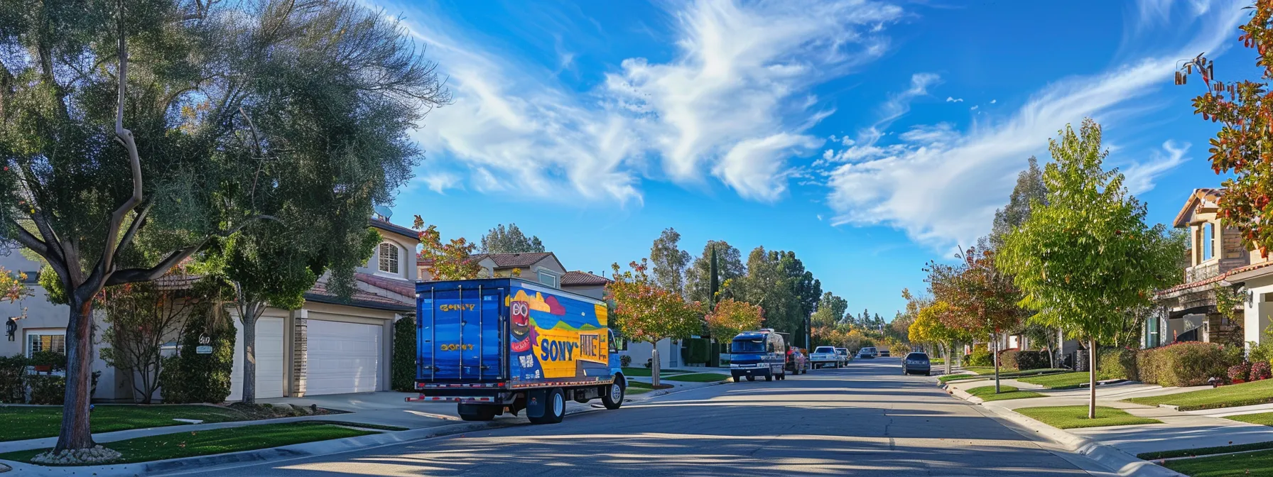 a colorful moving truck parked in a suburban neighborhood under the sunny skies of irvine, ca. a colorful moving truck parked in a suburban neighborhood under the sunny skies of irvine, ca.