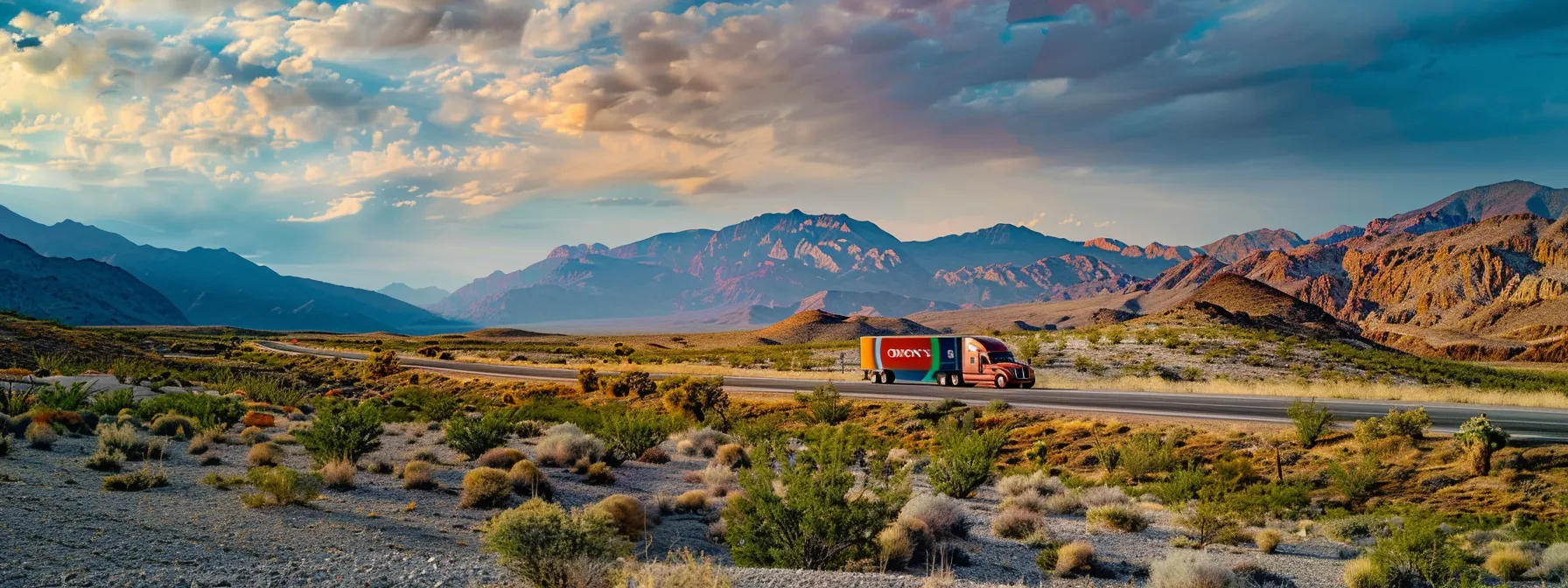 a colorful moving truck winding through a scenic route with mountains in the background, symbolizing the costs involved in cross country moving. a colorful moving truck winding through a scenic route with mountains in the background, symbolizing the costs involved in cross country moving.