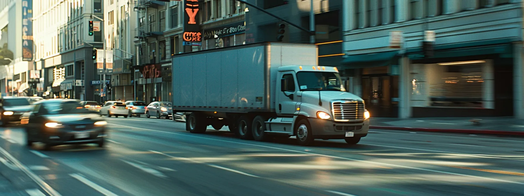 a commercial moving truck navigating through busy los angeles streets, carefully adhering to local traffic patterns and regulations.