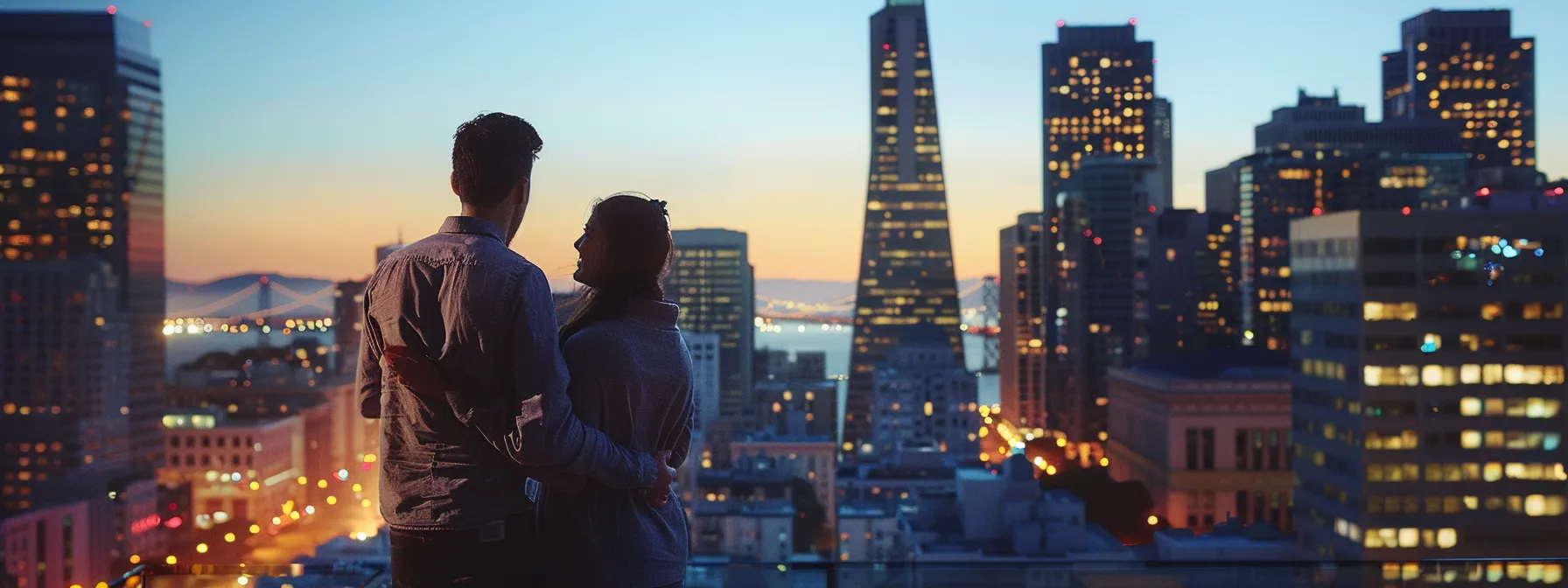 a couple carefully comparing quotes and services from long-distance moving companies in san francisco, with the bustling city skyline in the background. a couple carefully comparing quotes and services from long-distance moving companies in san francisco, with the bustling city skyline in the background.