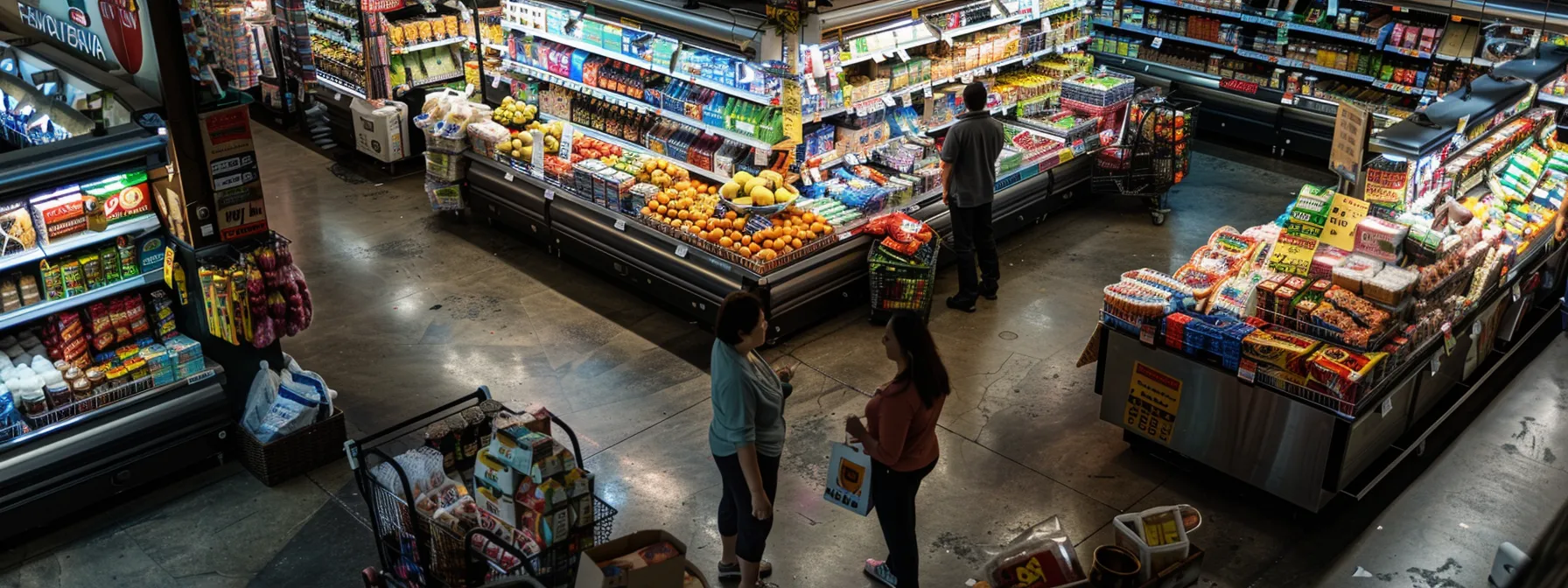 a couple carefully comparing prices at a bustling grocery store in los angeles to estimate their daily living costs.