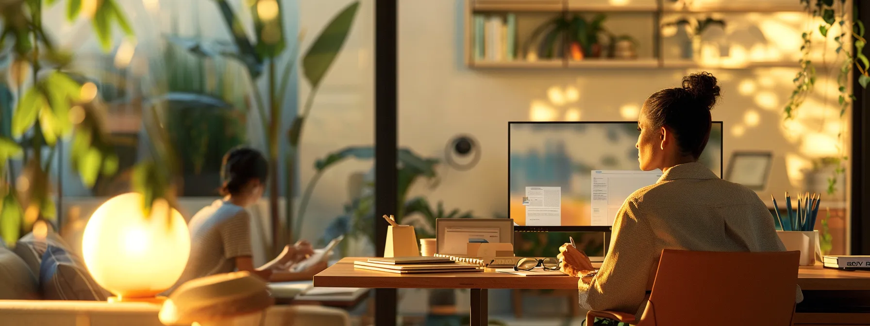 a couple organizing utility bills and service expenses on a sleek, modern desk in their new los angeles condo.