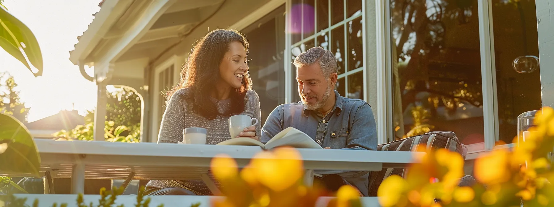 a couple reviewing moving quotes on a sunny porch in irvine, ca, planning their cost-effective relocation to seattle while sipping coffee. a couple reviewing moving quotes on a sunny porch in irvine, ca, planning their cost-effective relocation to seattle while sipping coffee.