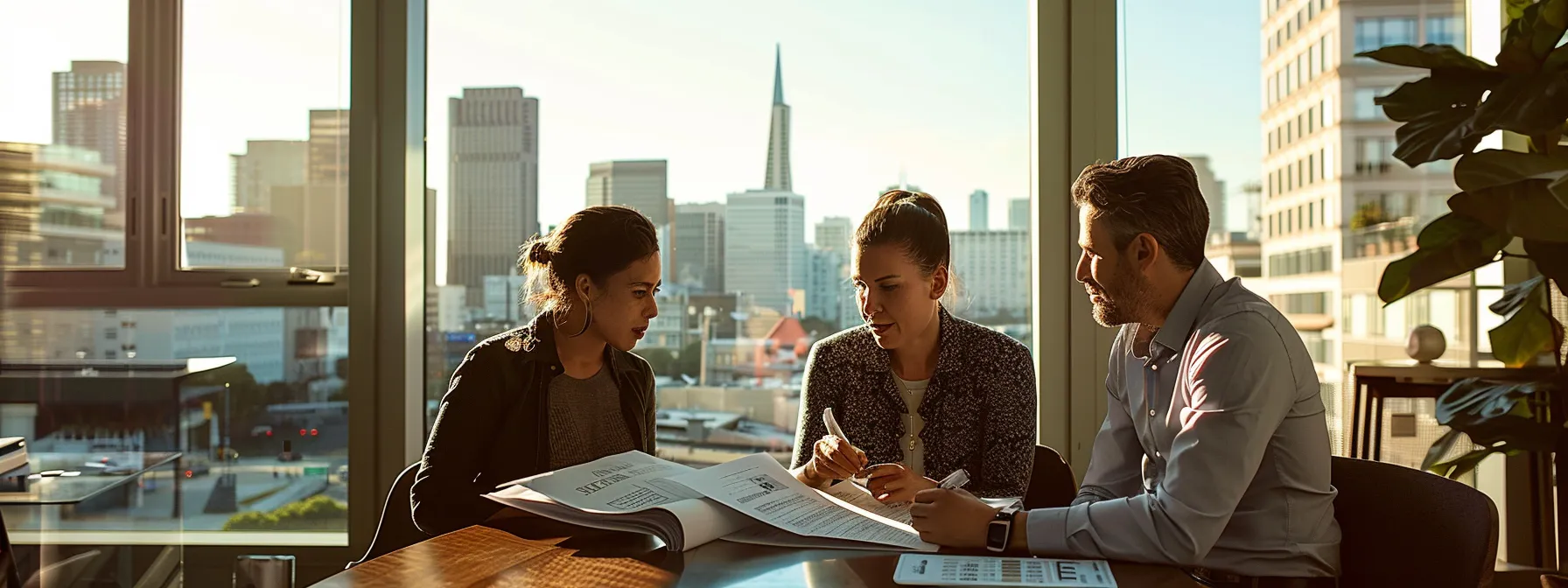 a couple reviewing paperwork with a moving company representative in a bustling downtown san francisco office, with the city skyline visible through the window. a couple reviewing paperwork with a moving company representative in a bustling downtown san francisco office, with the city skyline visible through the window.