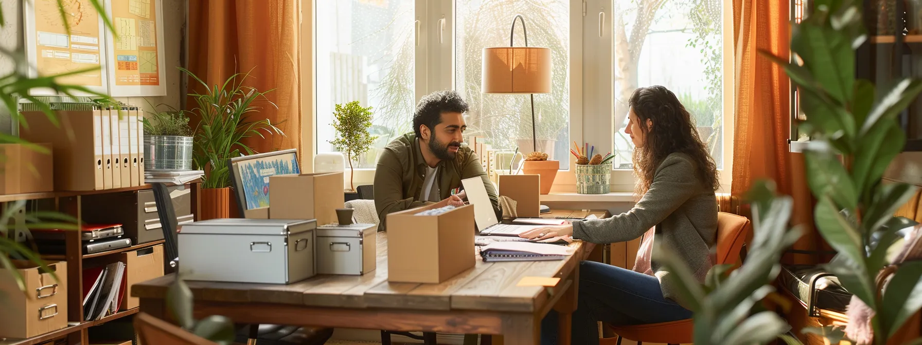 a couple sitting at a cozy desk, surrounded by color-coded moving boxes and spreadsheets, mapping out a comprehensive moving plan for their relocation to orange county. a couple sitting at a cozy desk, surrounded by color-coded moving boxes and spreadsheets, mapping out a comprehensive moving plan for their relocation to orange county.