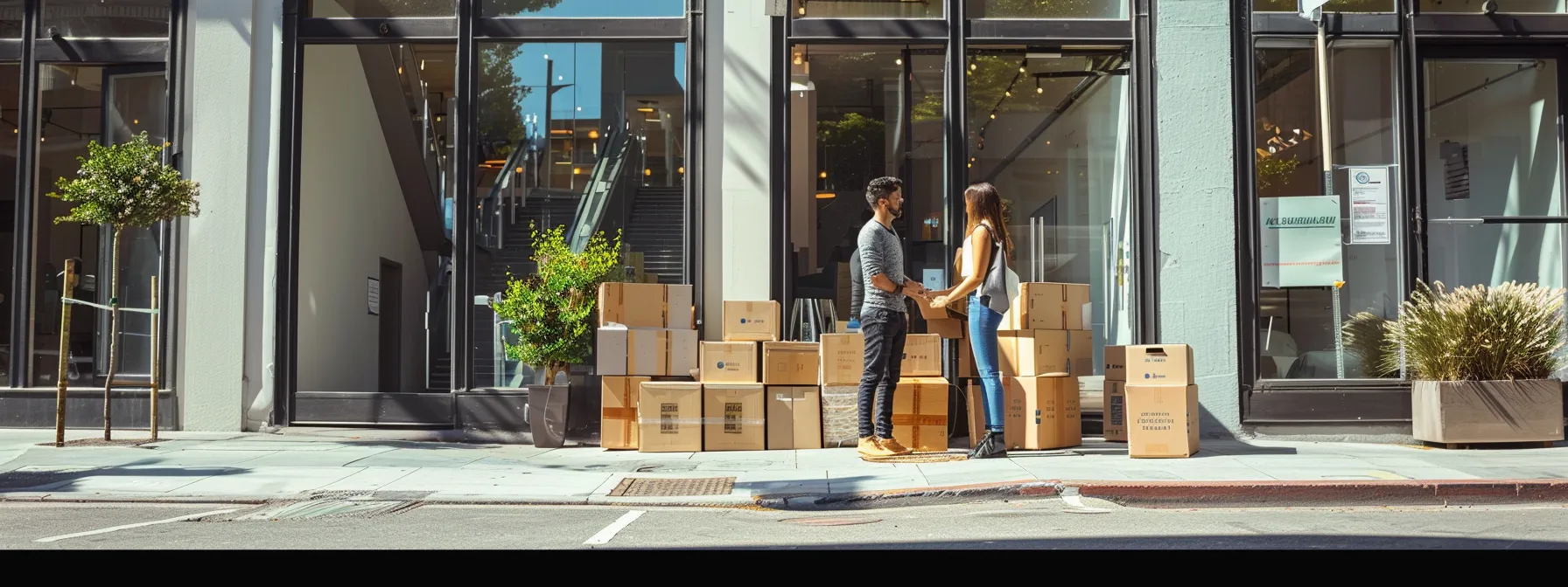 a couple standing outside a modern moving company office in downtown san francisco, surrounded by stacks of moving boxes, comparing quotes on a sunny day.
