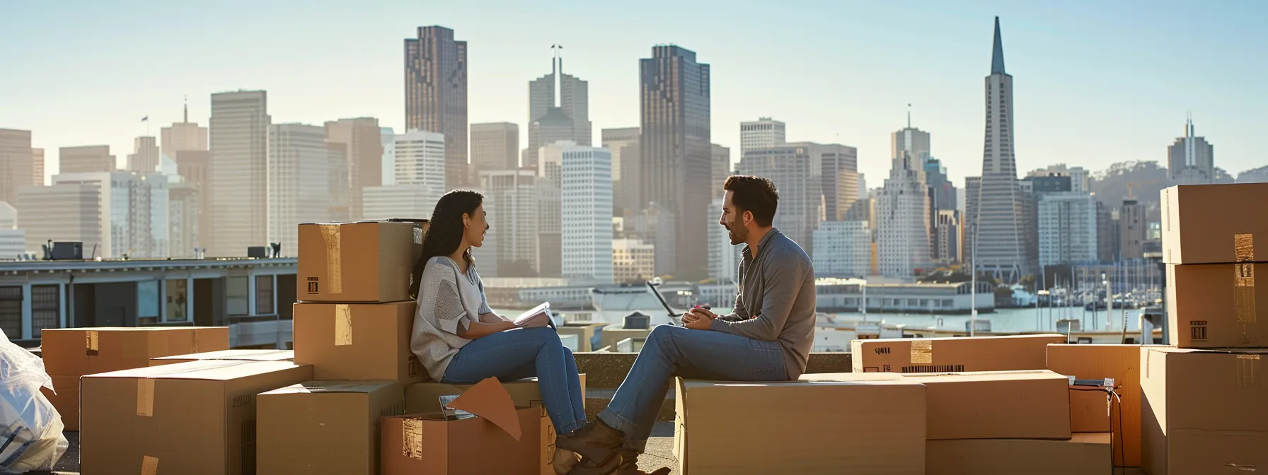 a couple surrounded by moving boxes, discussing their relocation plan, with the iconic san francisco skyline in the background. a couple surrounded by moving boxes, discussing their relocation plan, with the iconic san francisco skyline in the background.
