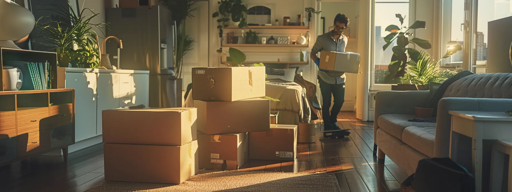 a crew of local movers packing boxes in a bustling san francisco apartment, showcasing transparent pricing and cost savings with downtown san francisco geo-tags.