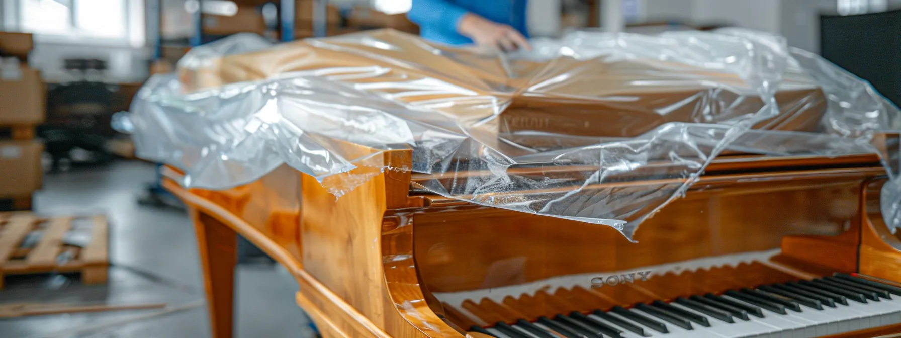 a delicate grand piano being carefully wrapped in protective padding during a residential move, showcasing the extra care and attention required for specialty items. a delicate grand piano being carefully wrapped in protective padding during a residential move, showcasing the extra care and attention required for specialty items.