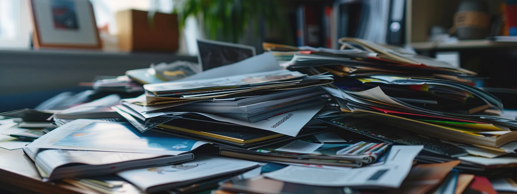 a diverse array of moving company brochures and quotes scattered on a sleek, modern desk in downtown san francisco.