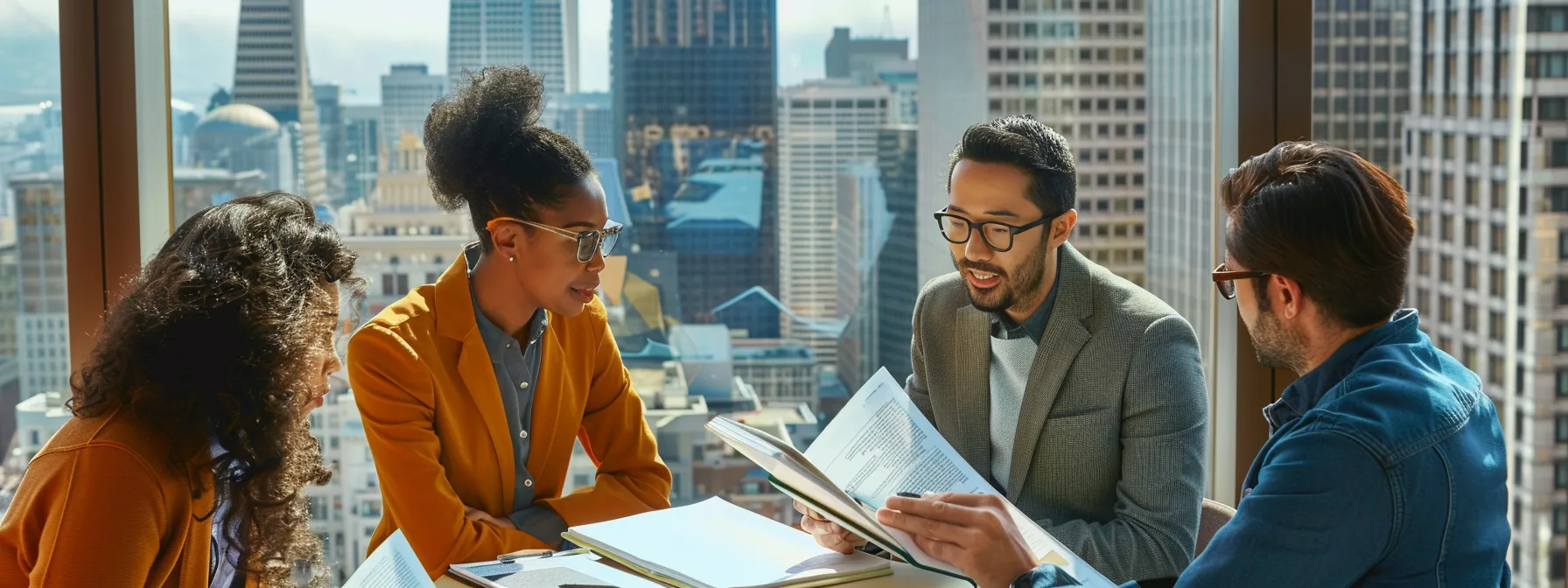 a diverse group of people consult a stack of legal documents and regulations in a modern office overlooking the bustling streets of downtown san francisco.