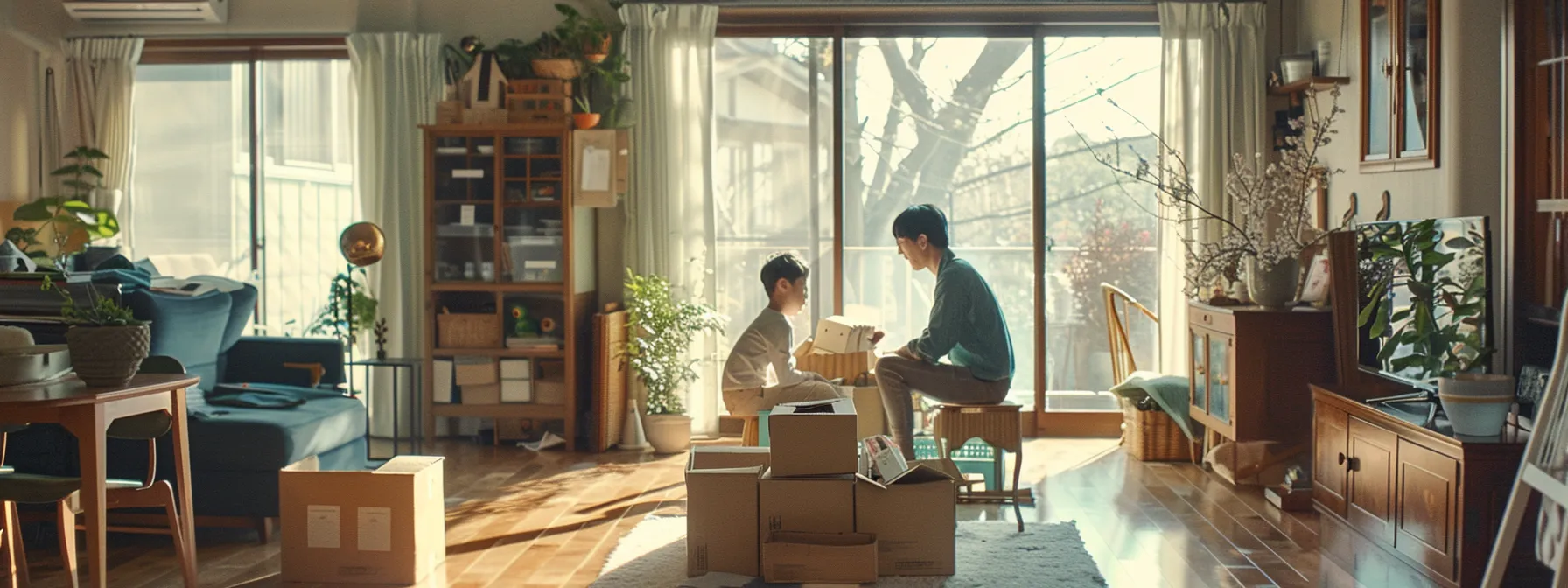 a family carefully packing and organizing boxes in a bright, spacious room to reduce moving expenses. a family carefully packing and organizing boxes in a bright, spacious room to reduce moving expenses.