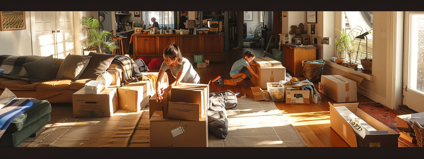 a family carefully packing boxes with moving supplies in a spacious living room, surrounded by a detailed inventory list and moving quotes from multiple companies.
