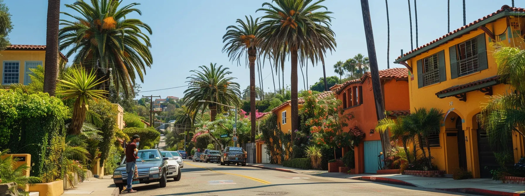 a family chatting with their new neighbors in a sunny los angeles neighborhood, surrounded by palm trees and colorful houses.