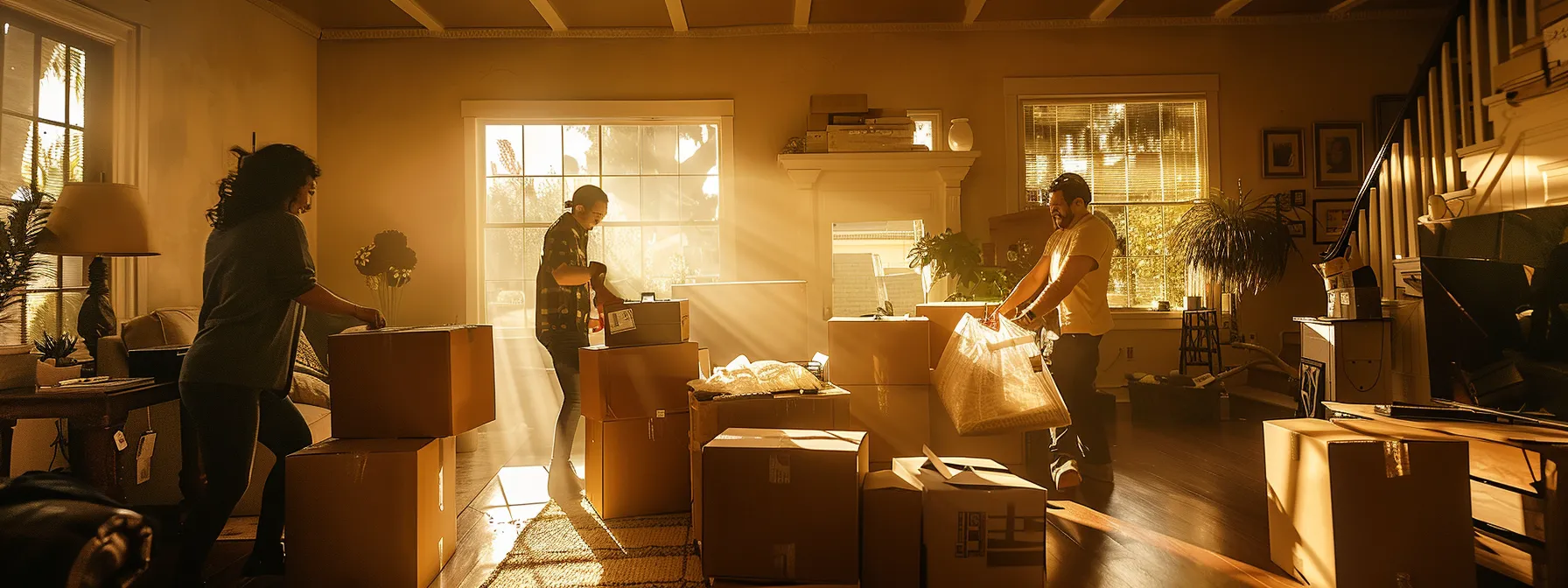 a family cheerfully unpacking moving boxes in their new los angeles home, surrounded by professional and trustworthy movers.