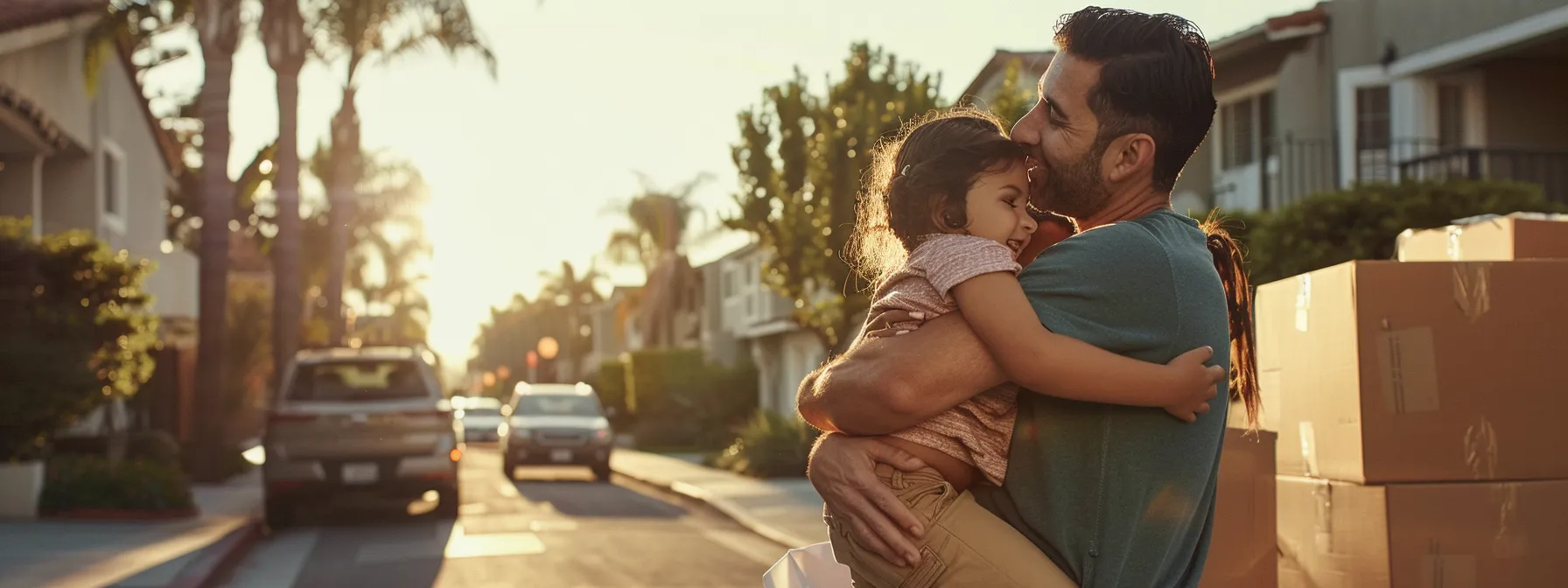 a family embracing as professional movers unload boxes from a moving truck, capturing the essence of a stress-free and joyous moving day in los angeles. a family embracing as professional movers unload boxes from a moving truck, capturing the essence of a stress-free and joyous moving day in los angeles.