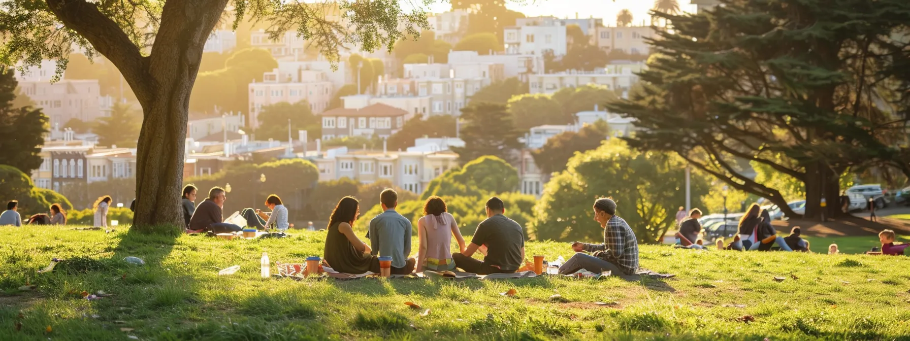 a family enjoying a picnic in a vibrant san francisco park, surrounded by diverse amenities and attractions, strengthening connections with their new community.