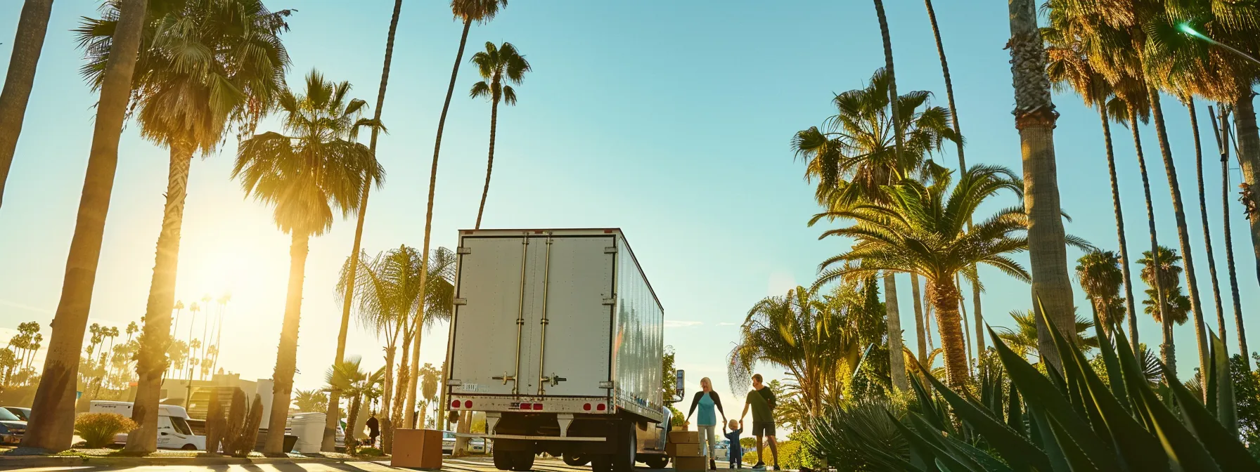 a family excitedly watching as professional la home movers carefully load their belongings into a moving truck, surrounded by green palm trees under a clear blue sky. a family excitedly watching as professional la home movers carefully load their belongings into a moving truck, surrounded by green palm trees under a clear blue sky.