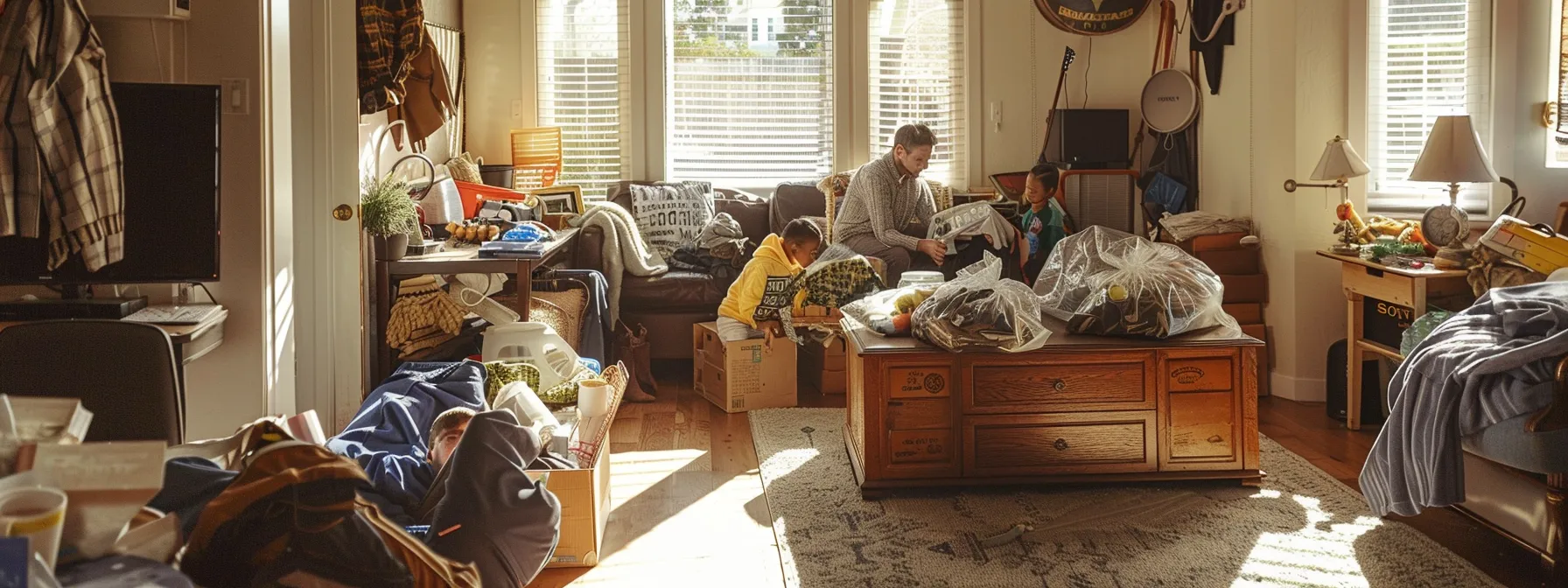 a family happily decluttering and donating unwanted items to support local charities before their eco-friendly move in la.