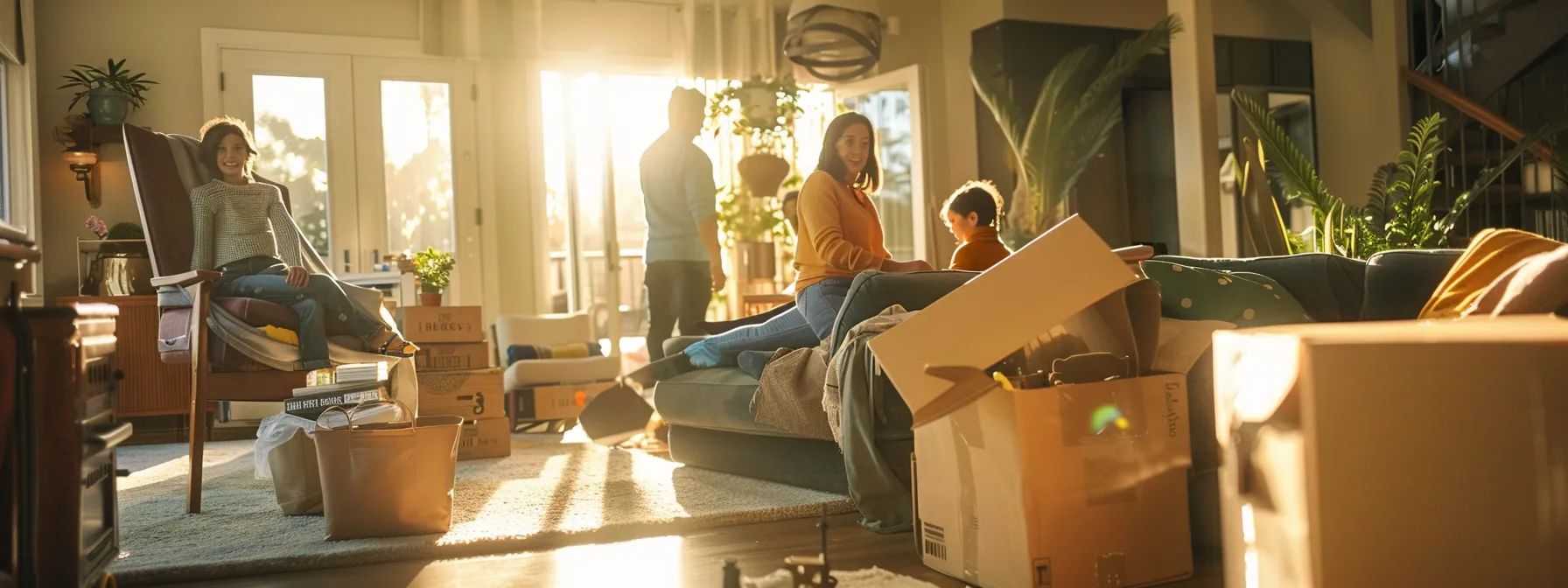 a family happily decluttering personal items and packing belongings in their la home to save money on their long-distance move. a family happily decluttering personal items and packing belongings in their la home to save money on their long-distance move.