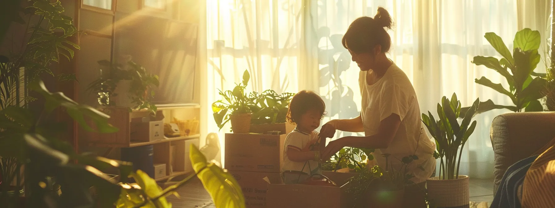 a family happily packing boxes with eco-friendly supplies in a bright and airy room before their move in los angeles. a family happily packing boxes with eco-friendly supplies in a bright and airy room before their move in los angeles.