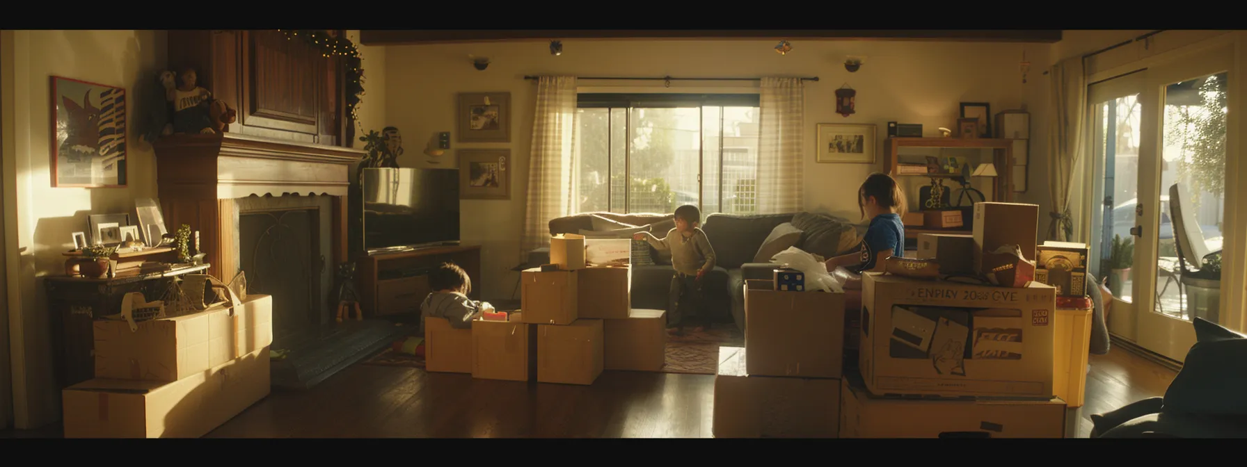 a family happily packs personal belongings into boxes in their los angeles home to save on moving costs.