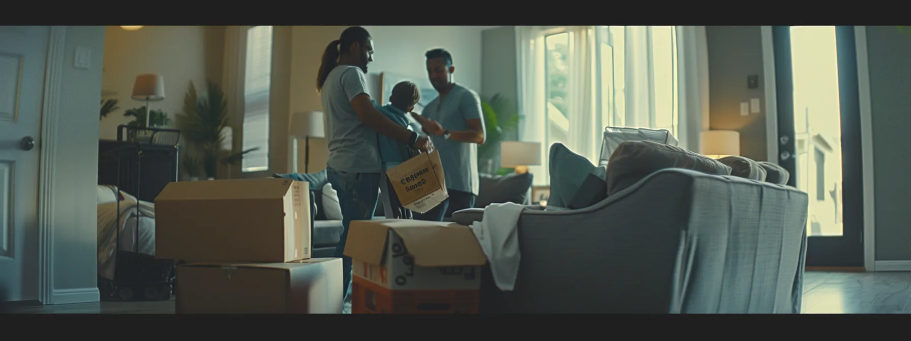 a family happily supervising professional movers as they efficiently pack up their home for a stress-free and organized moving experience.