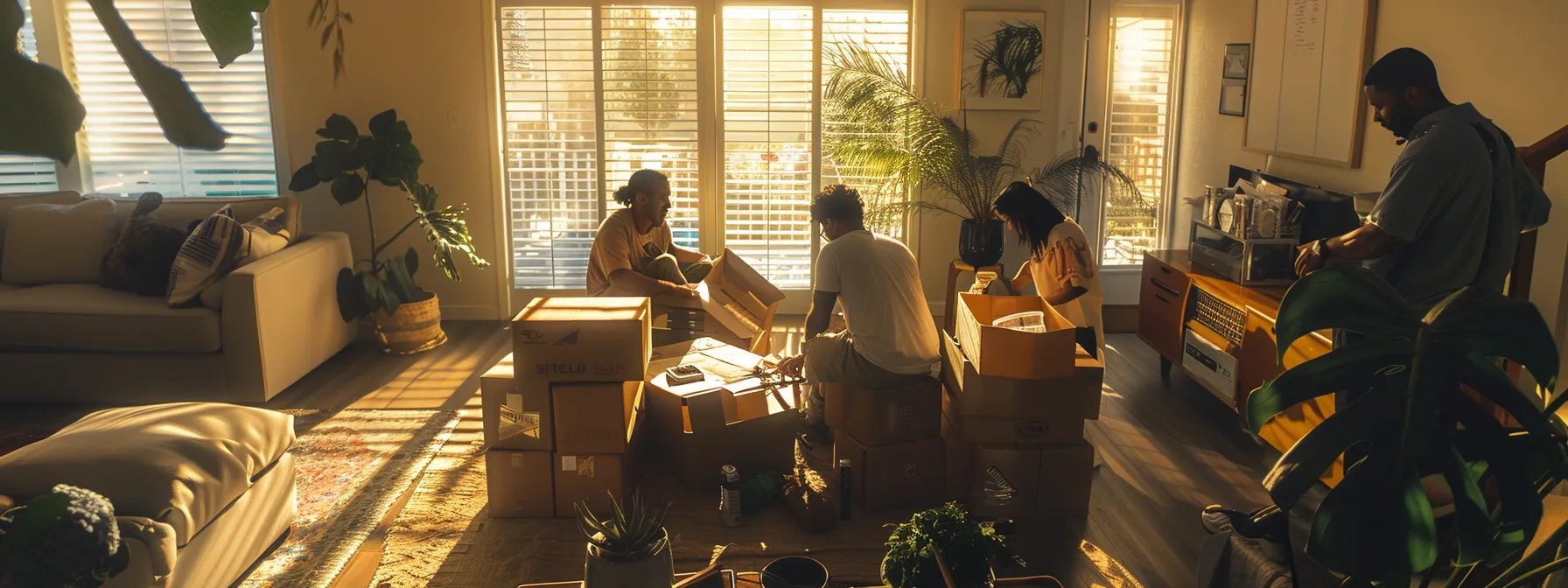 a family happily unpacking boxes in their new spacious los angeles home, surrounded by friendly neighbors welcoming them to the community. a family happily unpacking boxes in their new spacious los angeles home, surrounded by friendly neighbors welcoming them to the community.