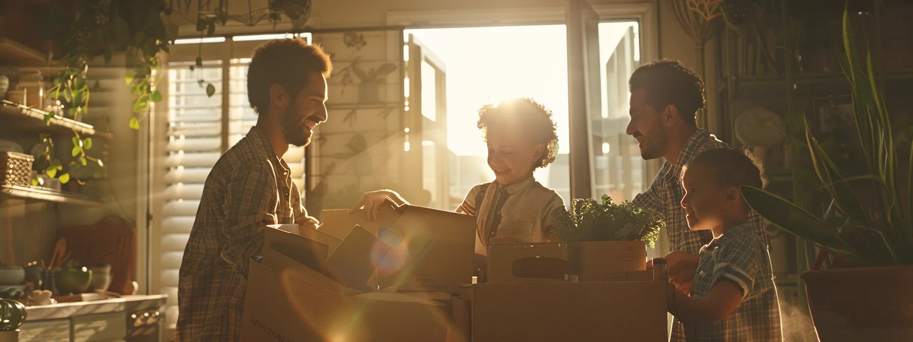 a family happily unpacking boxes in their new, organized home while smiling at each other. a family happily unpacking boxes in their new, organized home while smiling at each other.