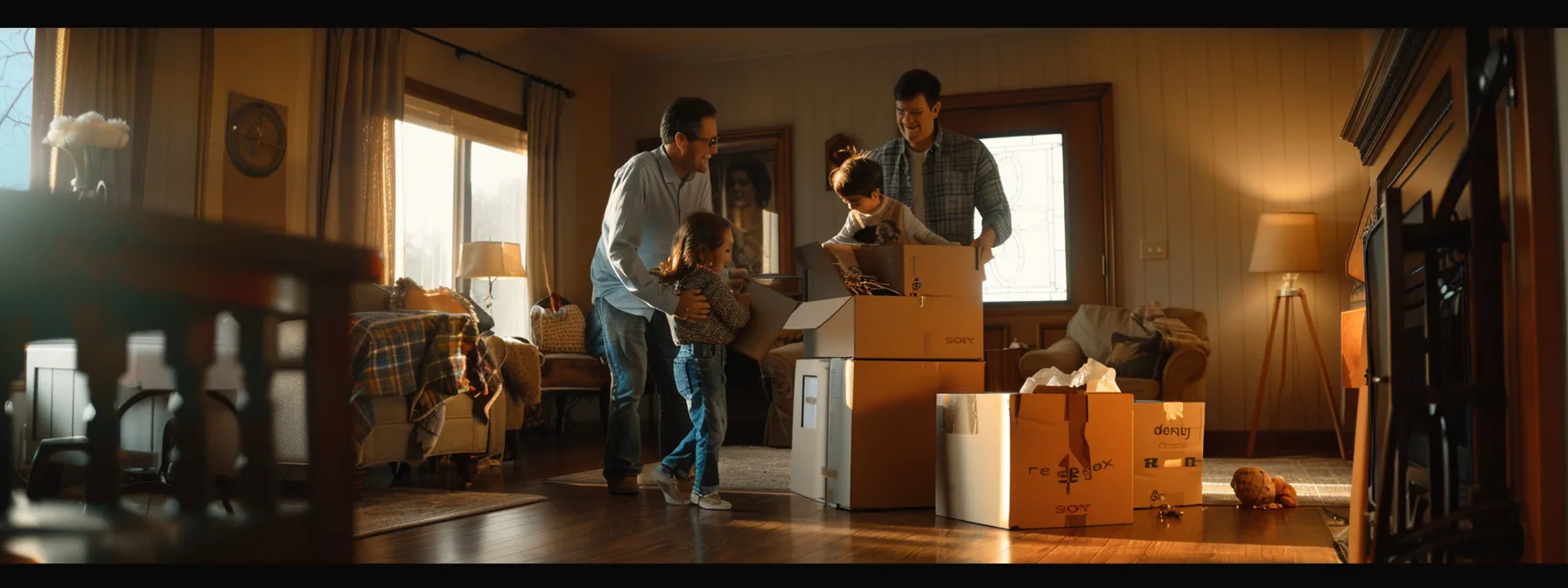 a family happily unpacking boxes in their new home while a professional mover looks on approvingly. a family happily unpacking boxes in their new home while a professional mover looks on approvingly.