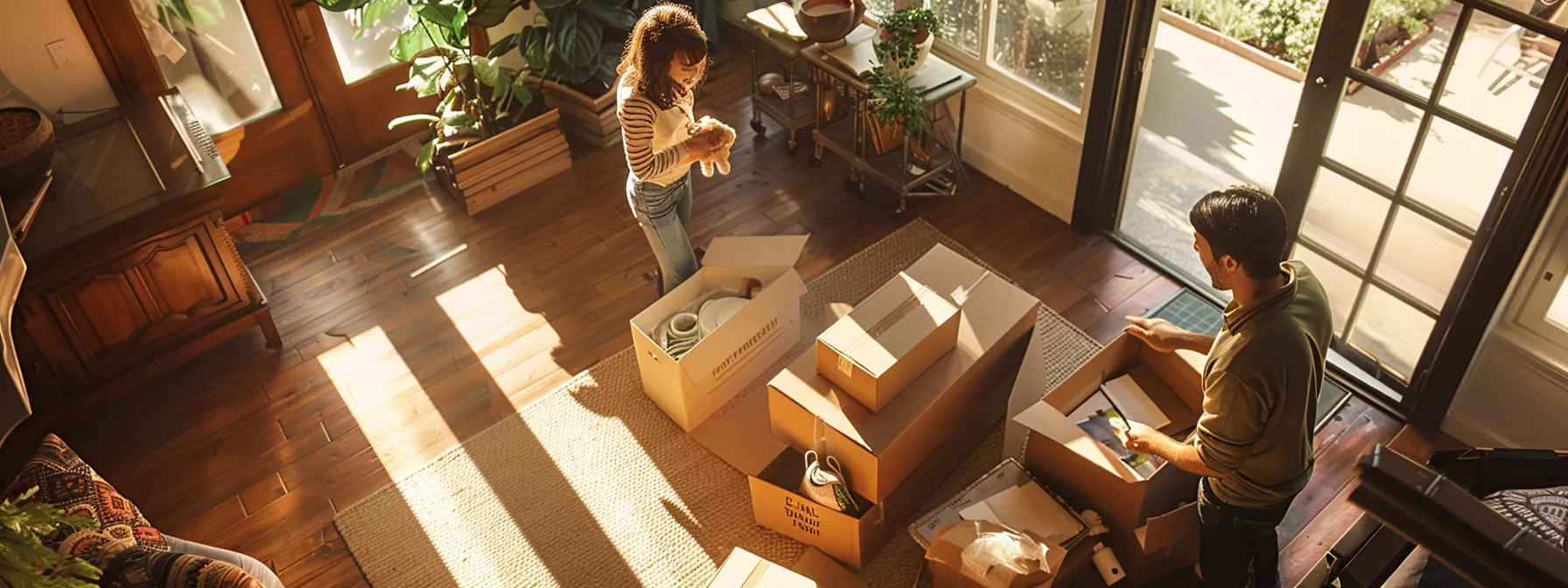 a family happily unpacking boxes in their new, sunlit los angeles home, surrounded by labeled moving supplies and a detailed budget notebook.