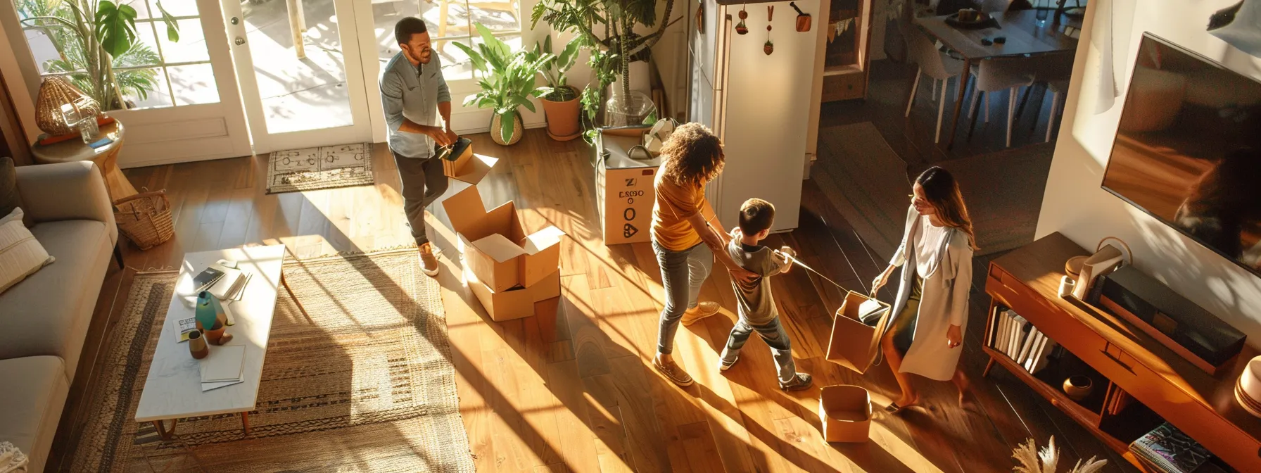 a family happily unpacking boxes in their new eco-friendly los angeles home, showcasing the benefits of using flat-rate moving services.