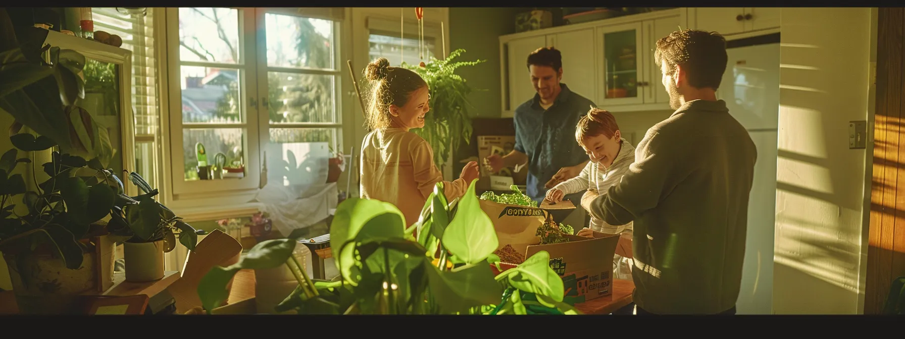 a family happily unpacking compostable packing supplies in their new eco-friendly home.