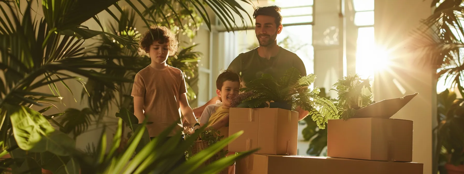 a family happily unpacking eco-friendly moving boxes in their new home in orange county, surrounded by lush greenery.