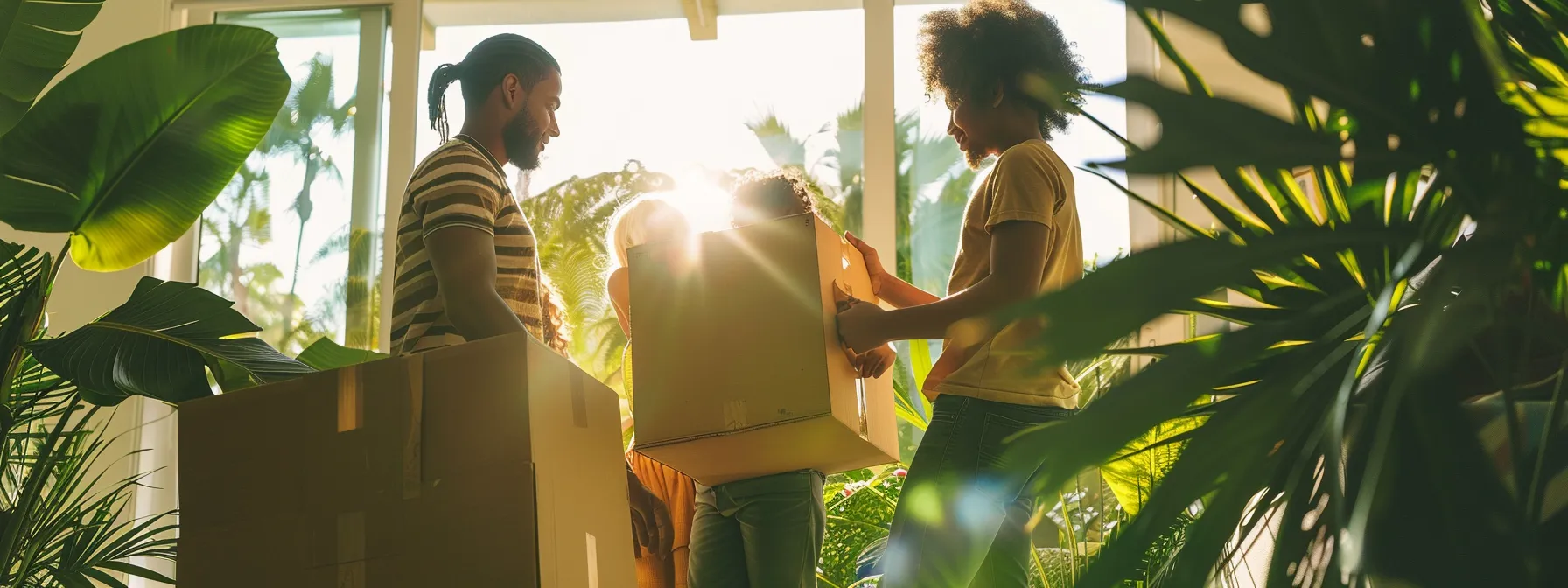 a family happily unpacking eco-friendly moving boxes in their new home, surrounded by lush greenery and clear skies in los angeles. a family happily unpacking eco-friendly moving boxes in their new home, surrounded by lush greenery and clear skies in los angeles.