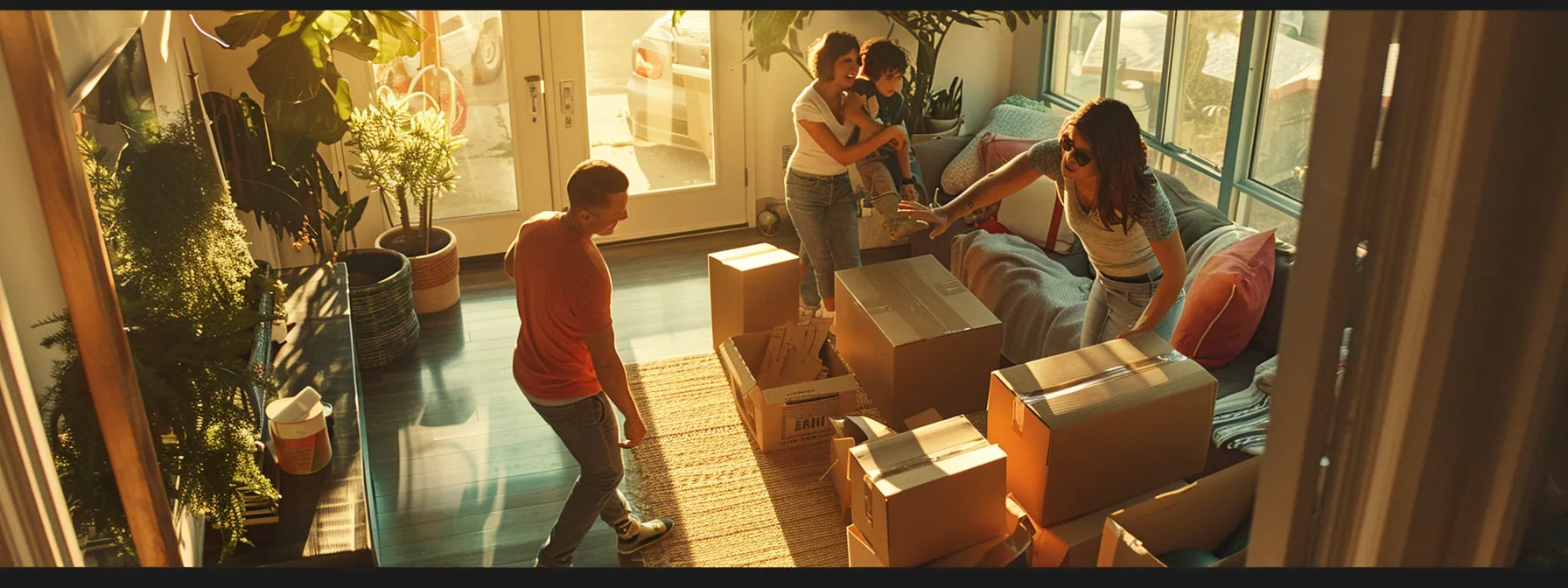 a family happily unpacks boxes in their new los angeles home, surrounded by professional movers, showcasing a stress-free and organized moving day.
