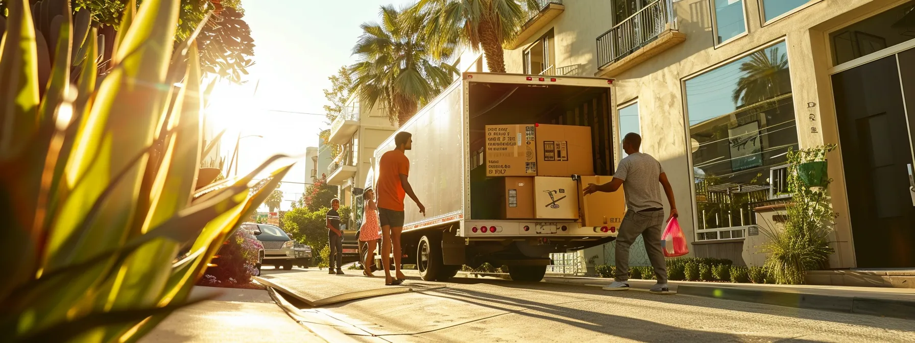 a family hurriedly loading furniture into a moving truck outside a vibrant los angeles apartment building on a sunny afternoon.