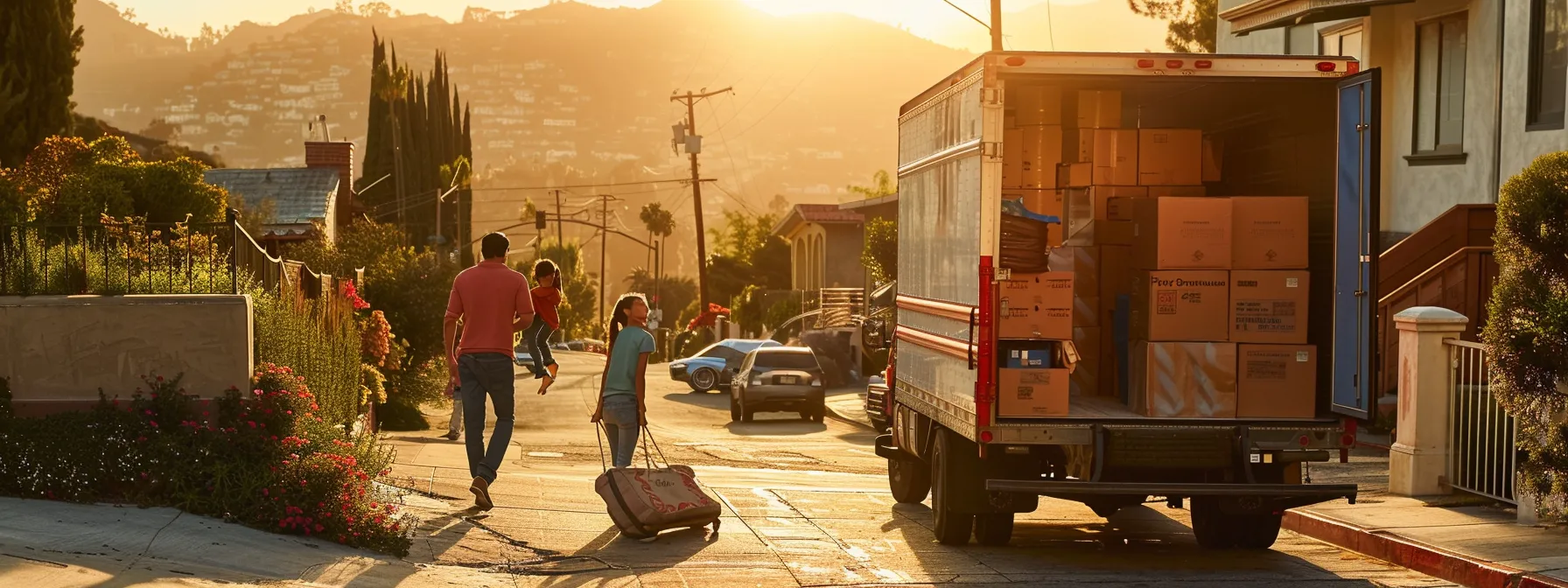 a family joyfully loading their belongings onto a moving truck in front of a picturesque los angeles backdrop.