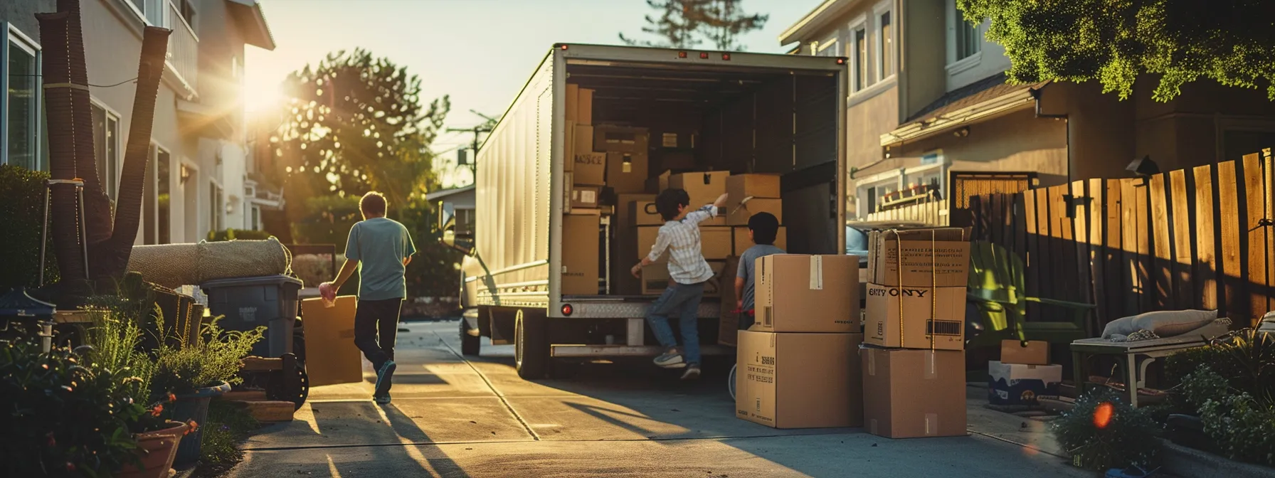 a family joyfully packing boxes into a moving truck in los angeles, surrounded by a clutter-free, neatly organized home. a family joyfully packing boxes into a moving truck in los angeles, surrounded by a clutter-free, neatly organized home.