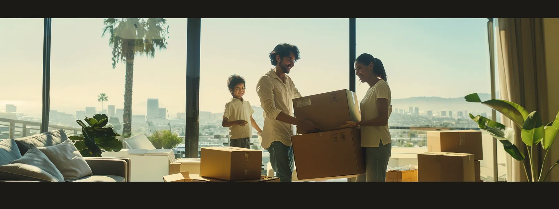 a family joyfully packing boxes in a bright, organized living room with a scenic view of los angeles in the background. a family joyfully packing boxes in a bright, organized living room with a scenic view of los angeles in the background.