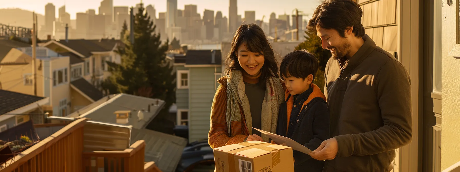 a family joyfully reviews a comprehensive moving checklist, surrounded by labeled moving boxes and a city skyline in the background. a family joyfully reviews a comprehensive moving checklist, surrounded by labeled moving boxes and a city skyline in the background.