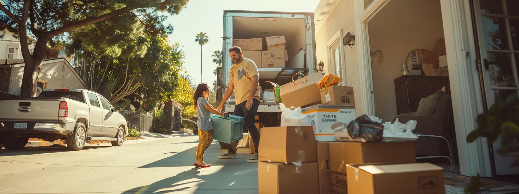 a family joyfully unloading their belongings from a moving truck in front of their new los angeles home, surrounded by boxes and moving supplies. a family joyfully unloading their belongings from a moving truck in front of their new los angeles home, surrounded by boxes and moving supplies.