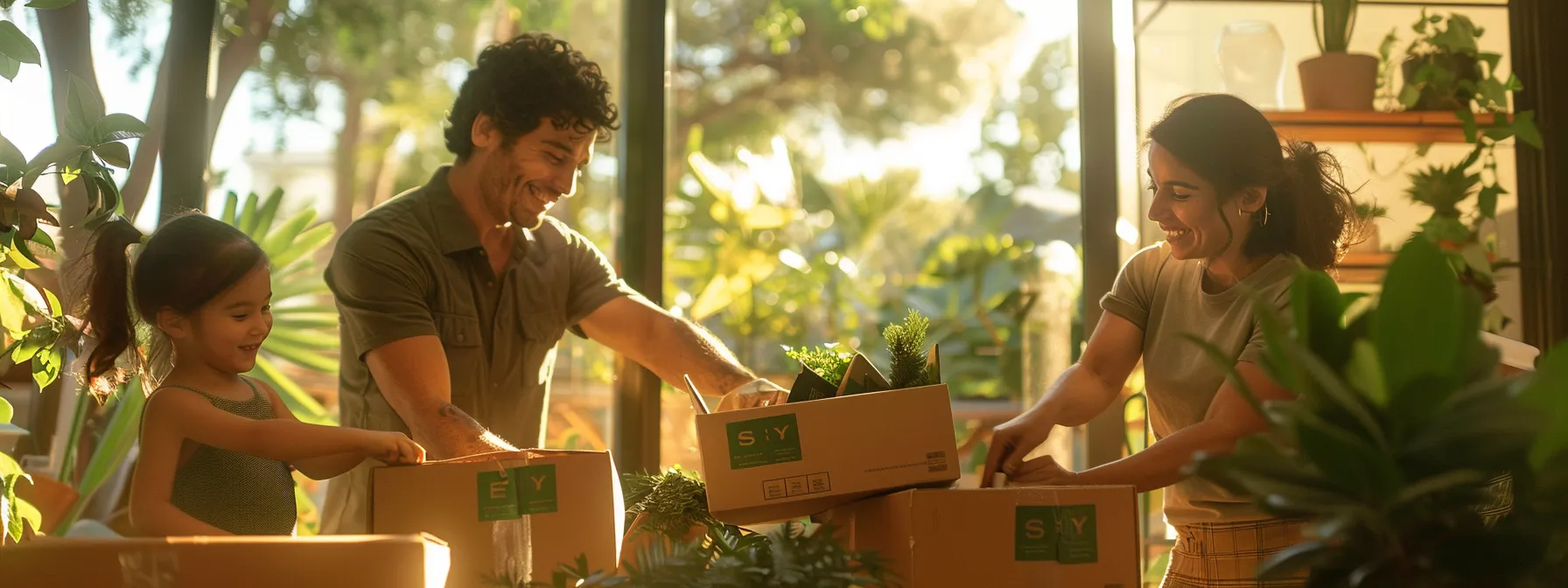 a family joyfully unpacking boxes labeled with green packing services logos in a sunny los angeles home.