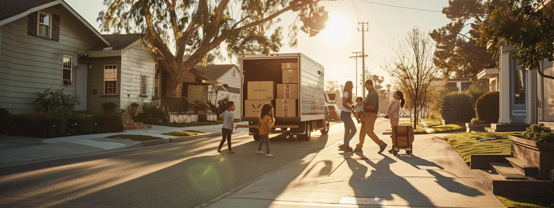 a family joyfully watches as professional movers carefully pack and load their furniture onto a moving truck on a sunny day in los angeles.